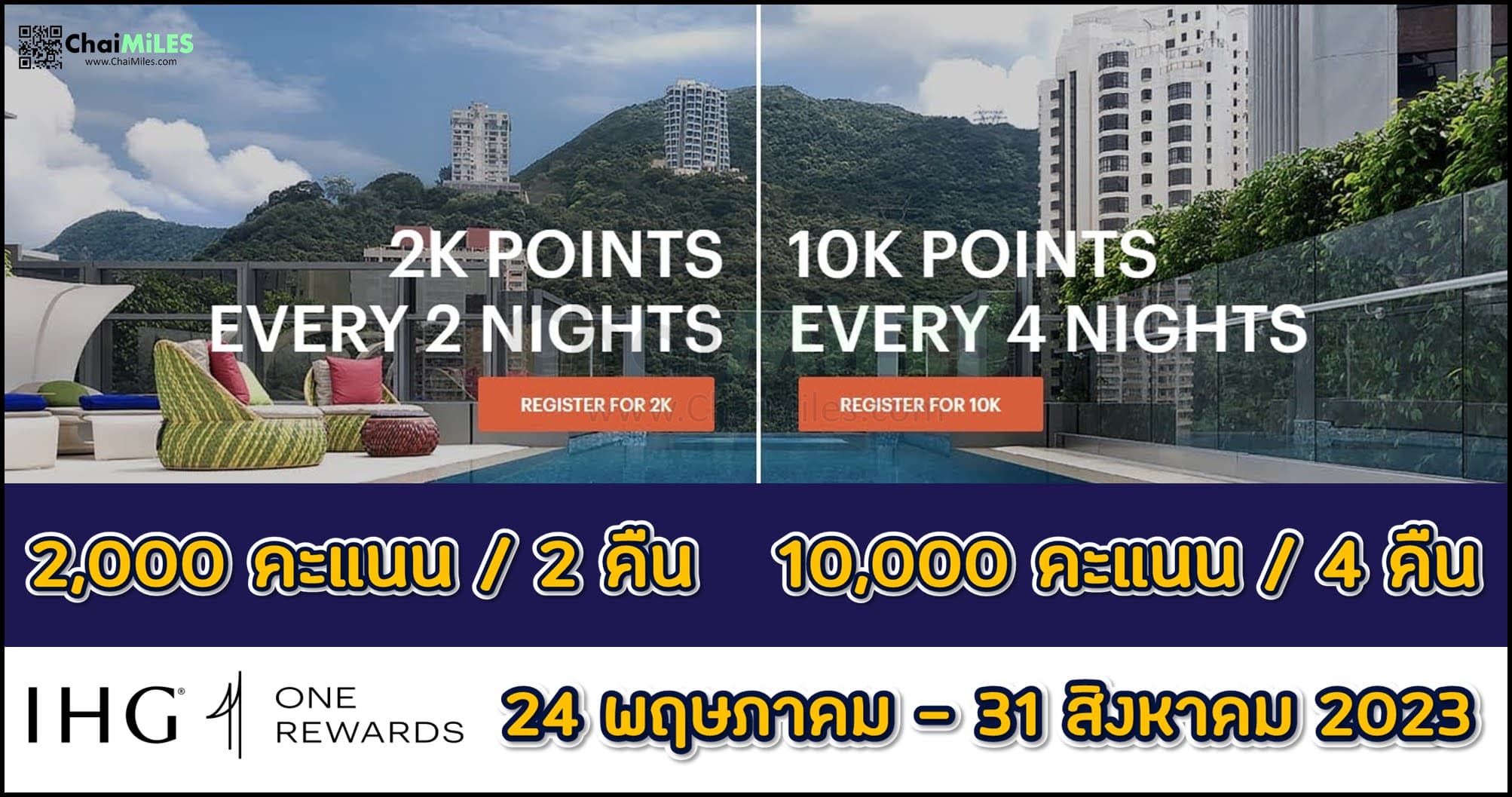 IHG เข้าพัก 2 คืนรับ 2,000 คะแนน หรือ เข้าพัก 4 คืน รับ 10,000 คะแนน (24 พฤษภาคม - 31 สิงหาคม 2023)