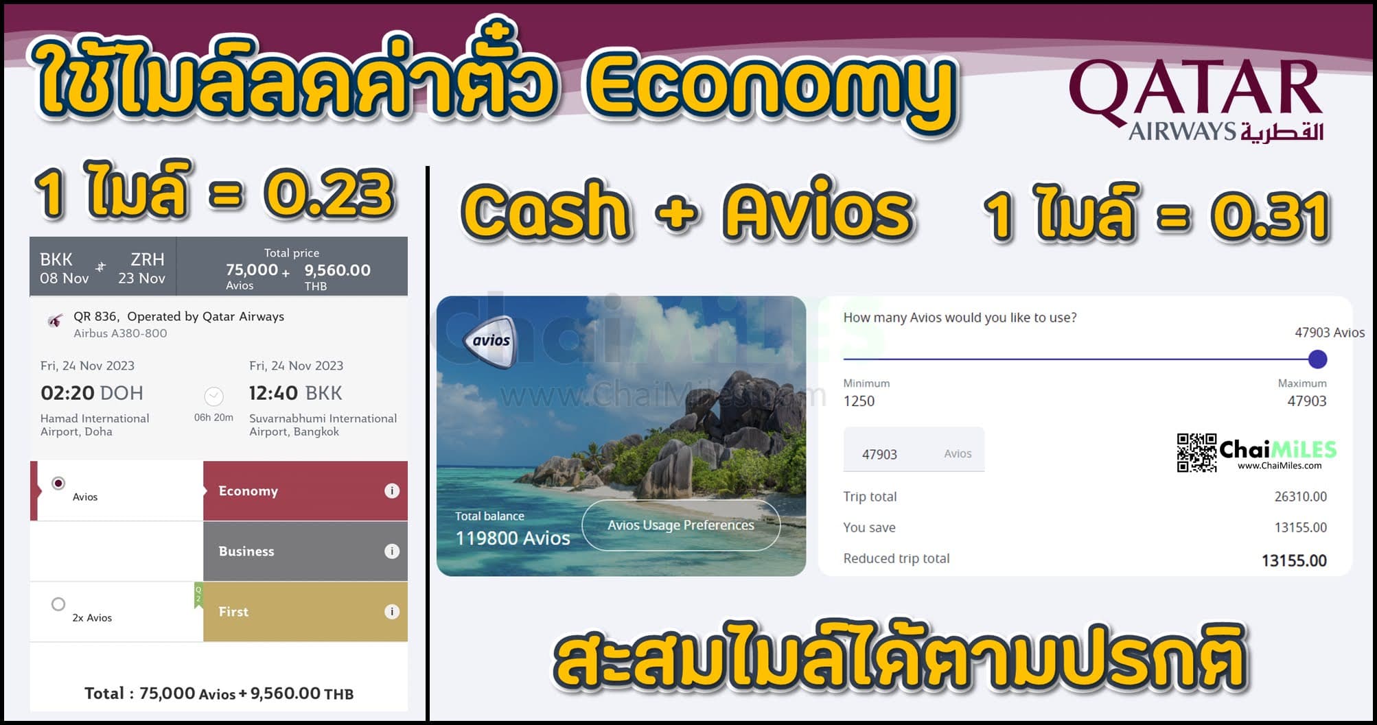 Qatar Airways ใช้ไมล์เป็นส่วนลดตั๋วเครื่องบิน Economy ด้วยการจ่ายแบบ Cash and Avios
