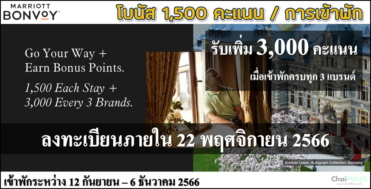 Marriott Bonvoy รับโบนัส 1,500 คะแนน ต่อการเข้าพัก และรับเพิ่ม 3,000 คะแนน ทุกๆการเข้าพัก 3 แบรนด์ (เข้าพัก 12 กันยายน - 6 ธันวาคม 2566)