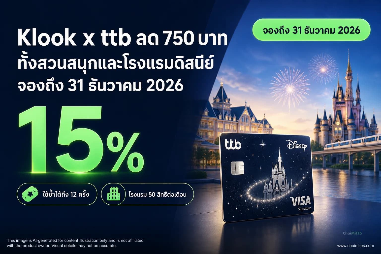Klook x ttb Disney ลด 750 บาท ทั้งสวนสนุกและโรงแรมดิสนีย์ จองถึง 31 ธันวาคม 2026