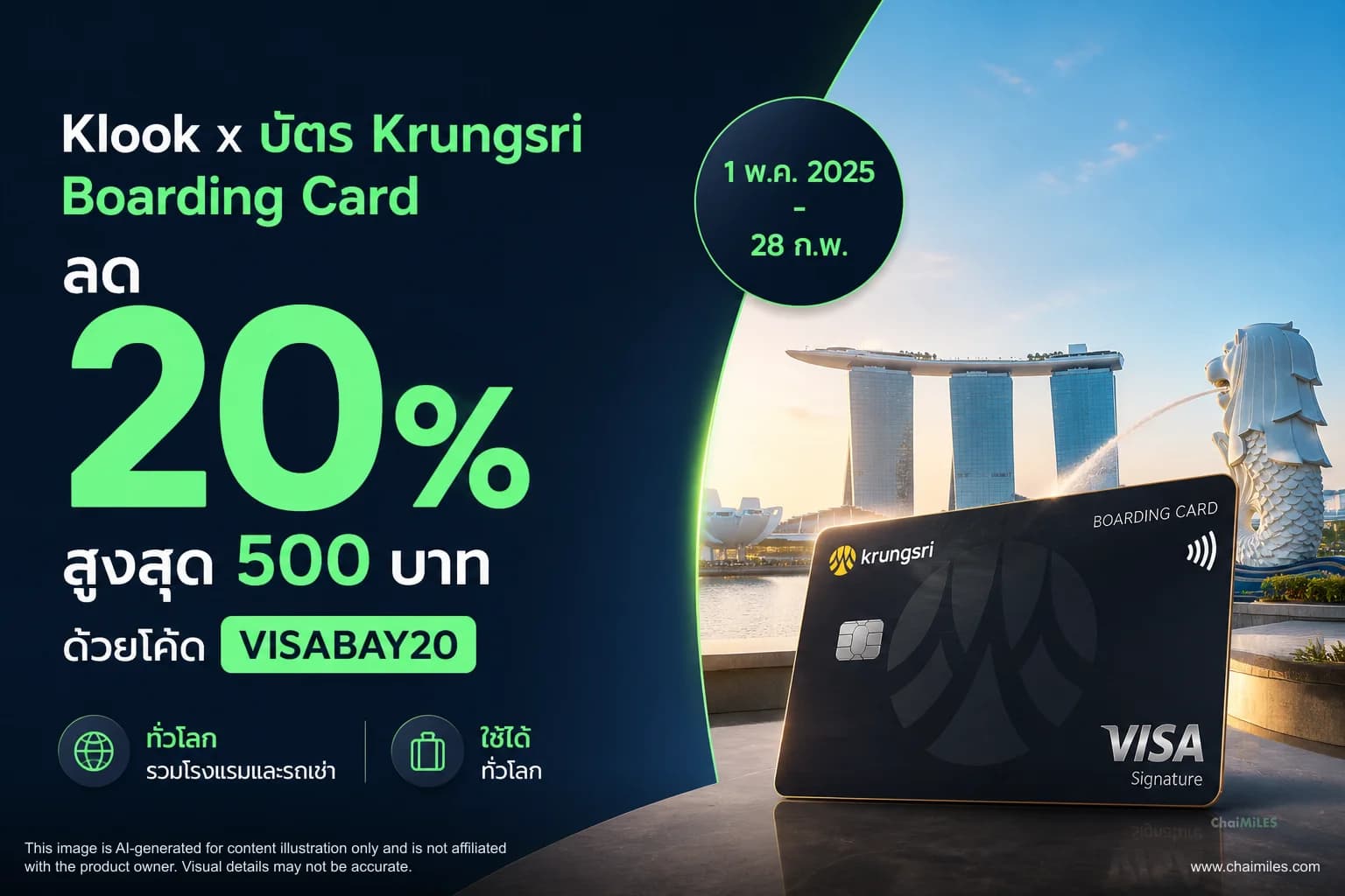 Klook x บัตร Krungsri Boarding Card ลด 20% สูงสุด 500 บาท ด้วยโค้ด VISABAY20 จองถึง 31 ธันวาคม 2026