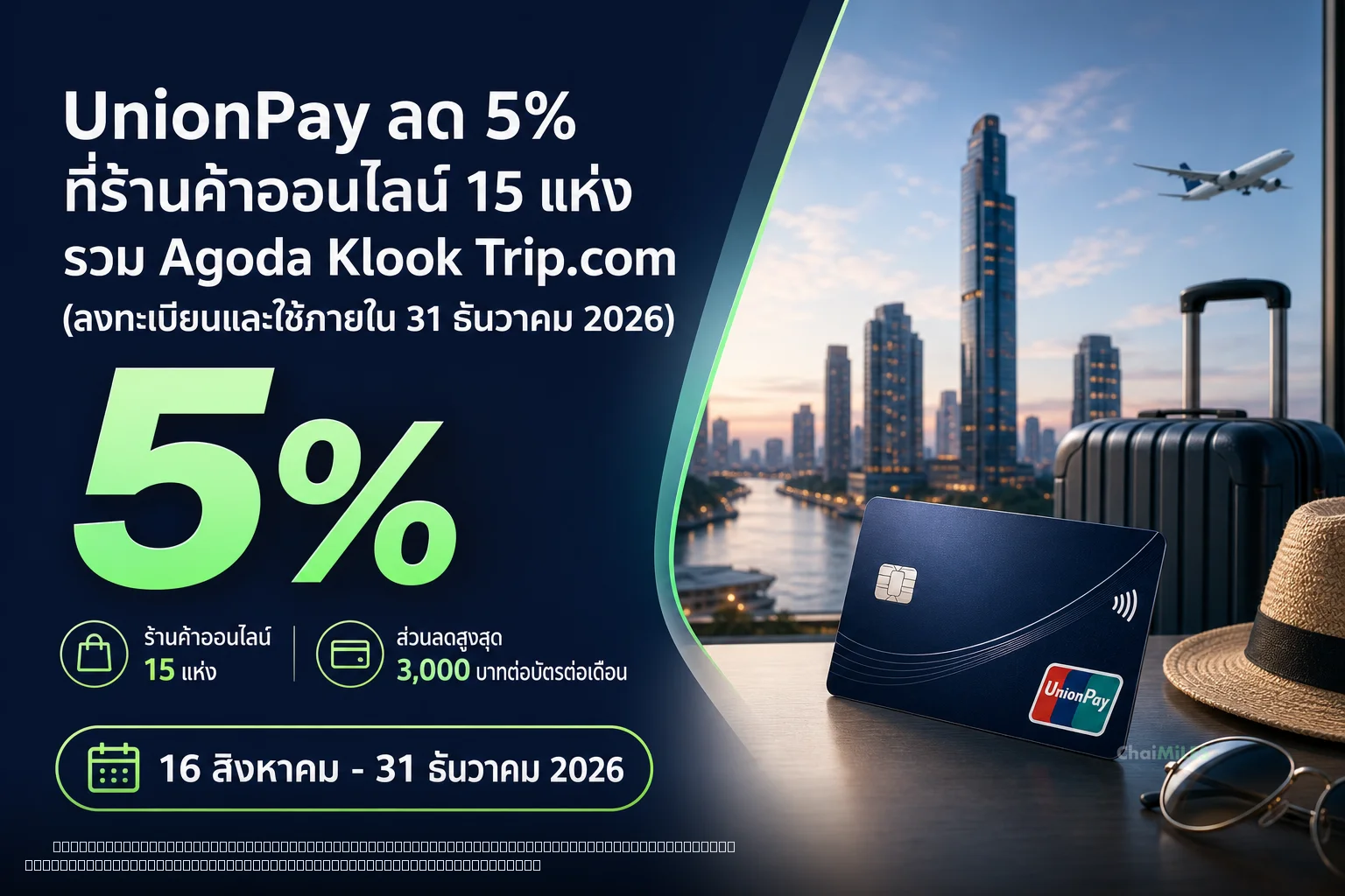 UnionPay ลด 5% ที่ร้านค้าออนไลน์ 15 แห่ง รวม Agoda Klook Trip.com (ลงทะเบียนและใช้ภายใน 31 ธันวาคม 2026)