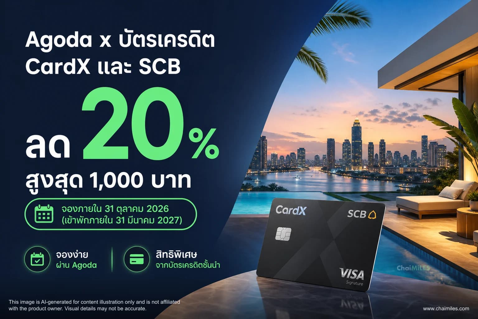 Agoda x บัตรเครดิต CardX และ SCB ลด 20% สูงสุด 1,000 บาท จองภายใน 31 ตุลาคม 2026 (เข้าพักภายใน 31 มีนาคม 2027)