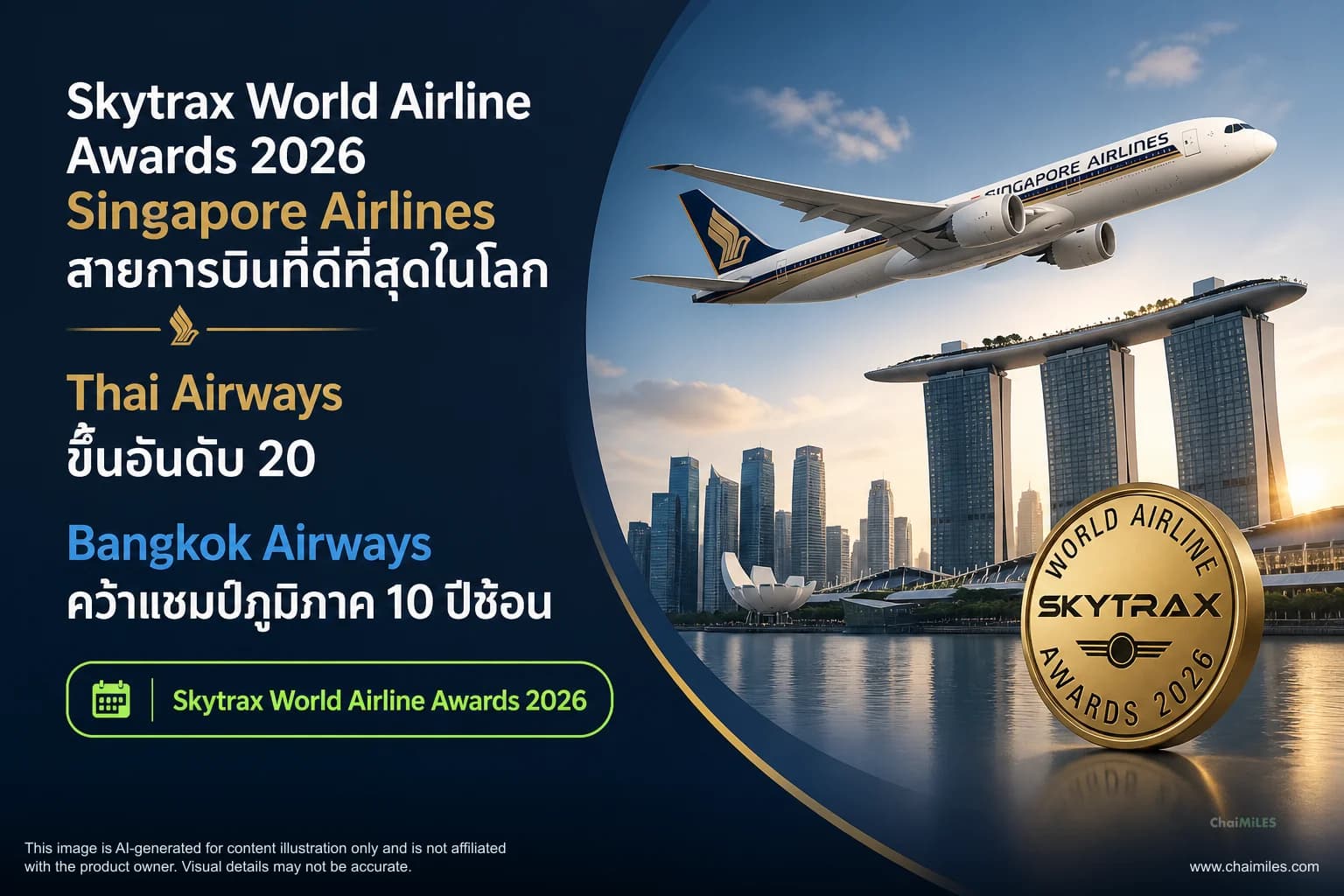 Skytrax World Airline Awards 2026 Singapore Airlines สายการบินที่ดีที่สุดในโลก Thai Airways ขึ้นอันดับ 20 และ Bangkok Airways คว้าแชมป์ภูมิภาค 10 ปีซ้อน