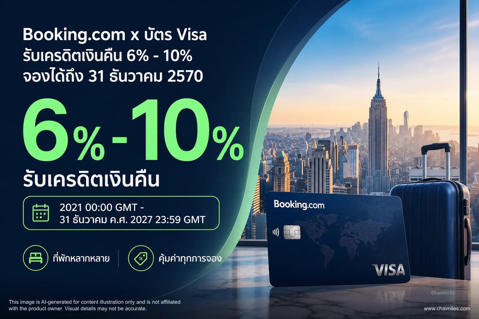 Booking.com x บัตร Visa รับเครดิตเงินคืน 6% - 10% จองได้ถึง 31 ธันวาคม 2570