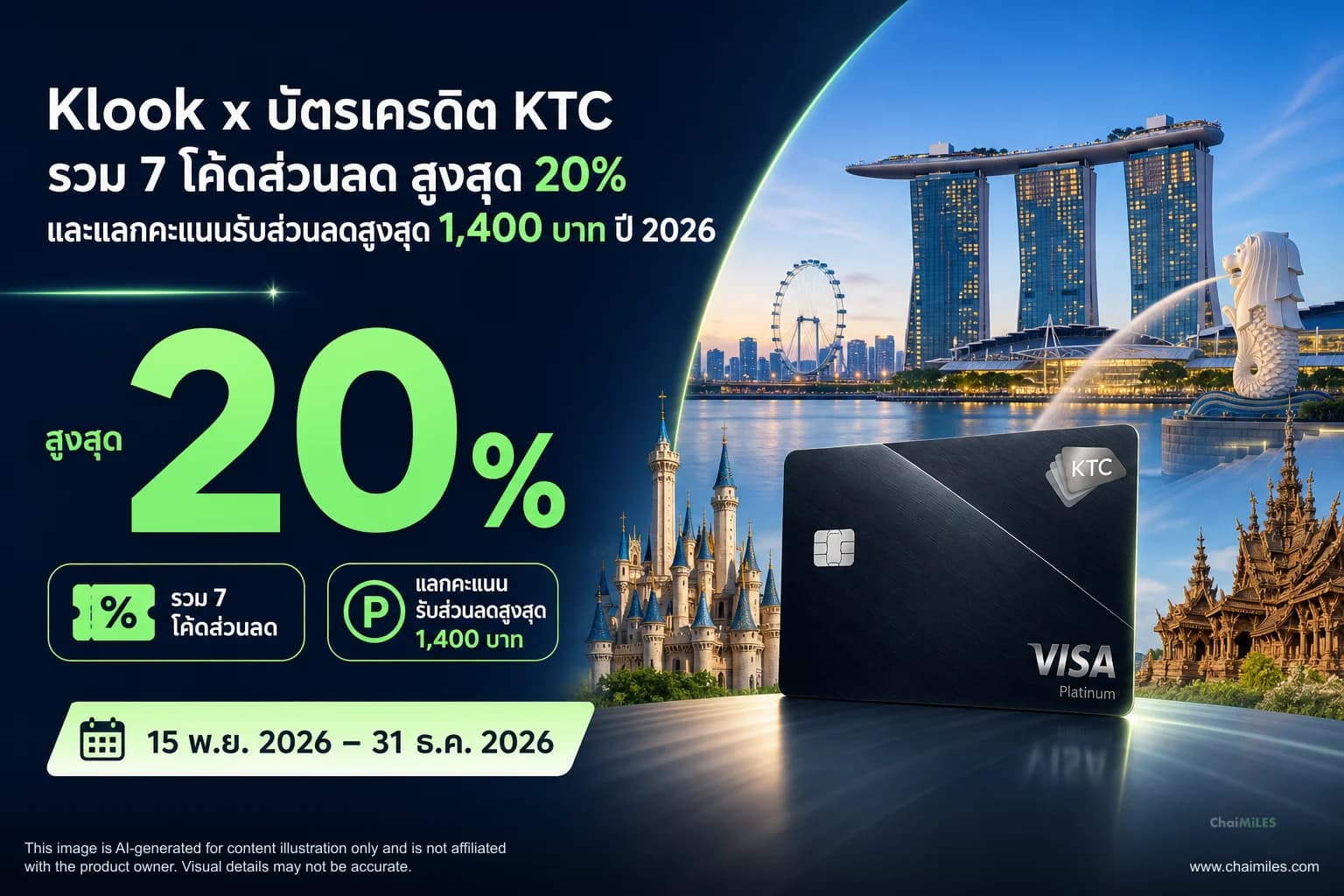 Klook x บัตรเครดิต KTC รวม 7 โค้ดส่วนลด สูงสุด 20% และแลกคะแนนรับส่วนลดสูงสุด 1,400 บาท ปี 2026