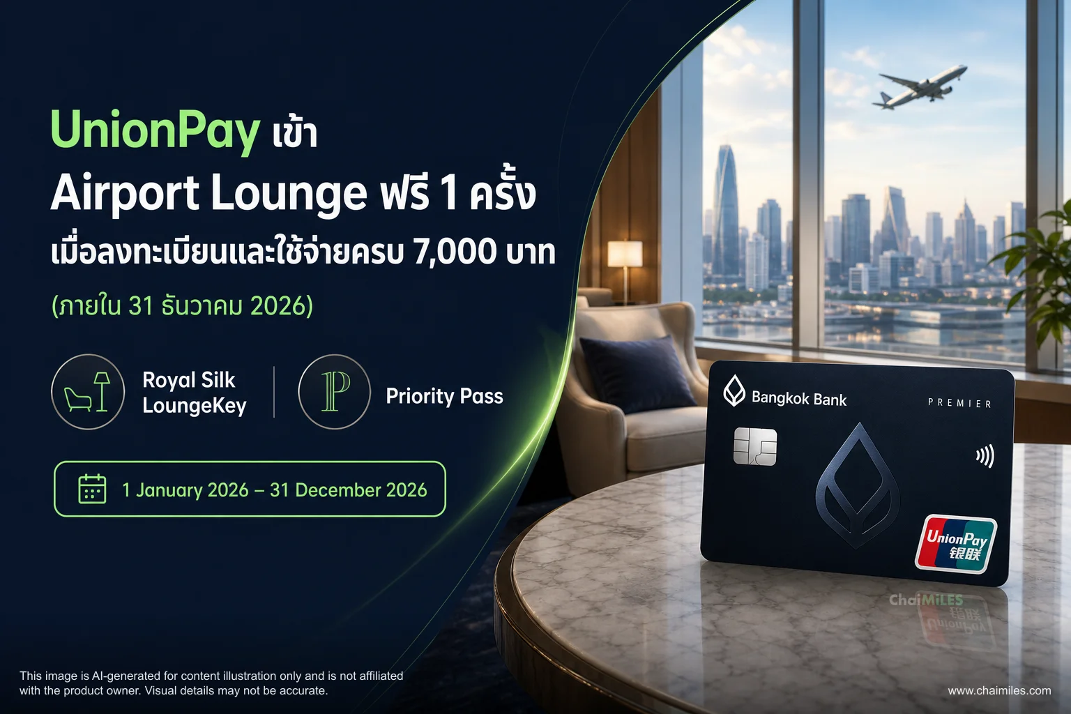 UnionPay เข้า Airport Lounge ฟรี 1 ครั้ง เมื่อลงทะเบียนและใช้จ่ายครบ 7,000 บาท (ภายใน 31 ธันวาคม 2026)