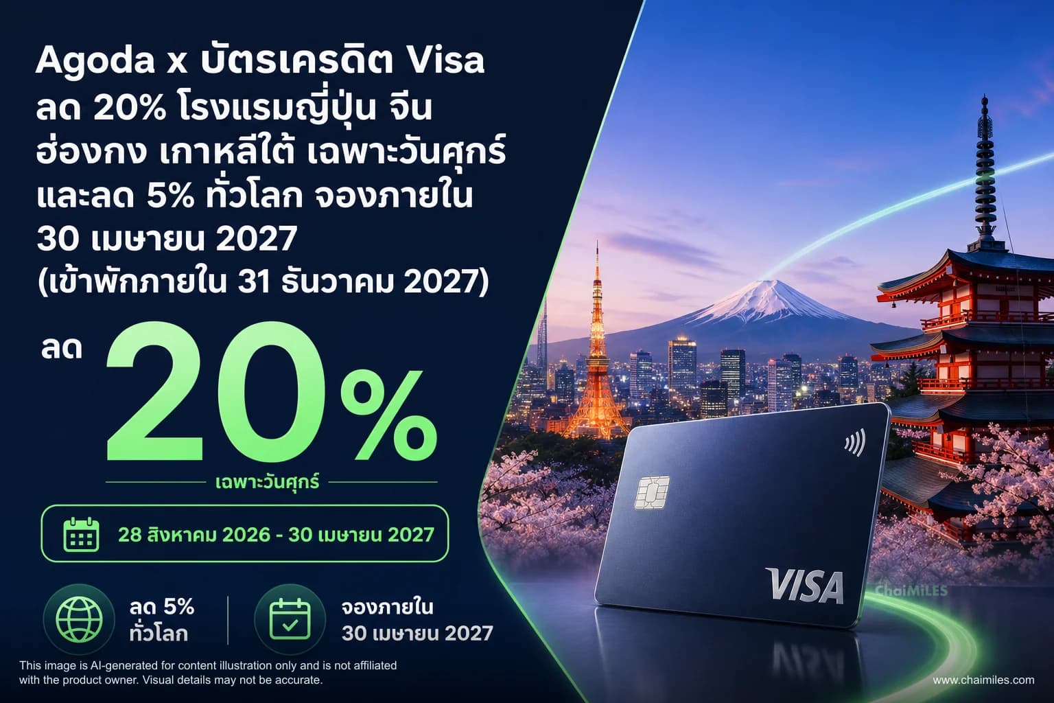 Agoda x บัตรเครดิต Visa ลด 20% โรงแรมญี่ปุ่น จีน ฮ่องกง เกาหลีใต้ เฉพาะวันศุกร์ และลด 5% ทั่วโลก จองภายใน 30 เมษายน 2027 (เข้าพักภายใน 31 ธันวาคม 2027)