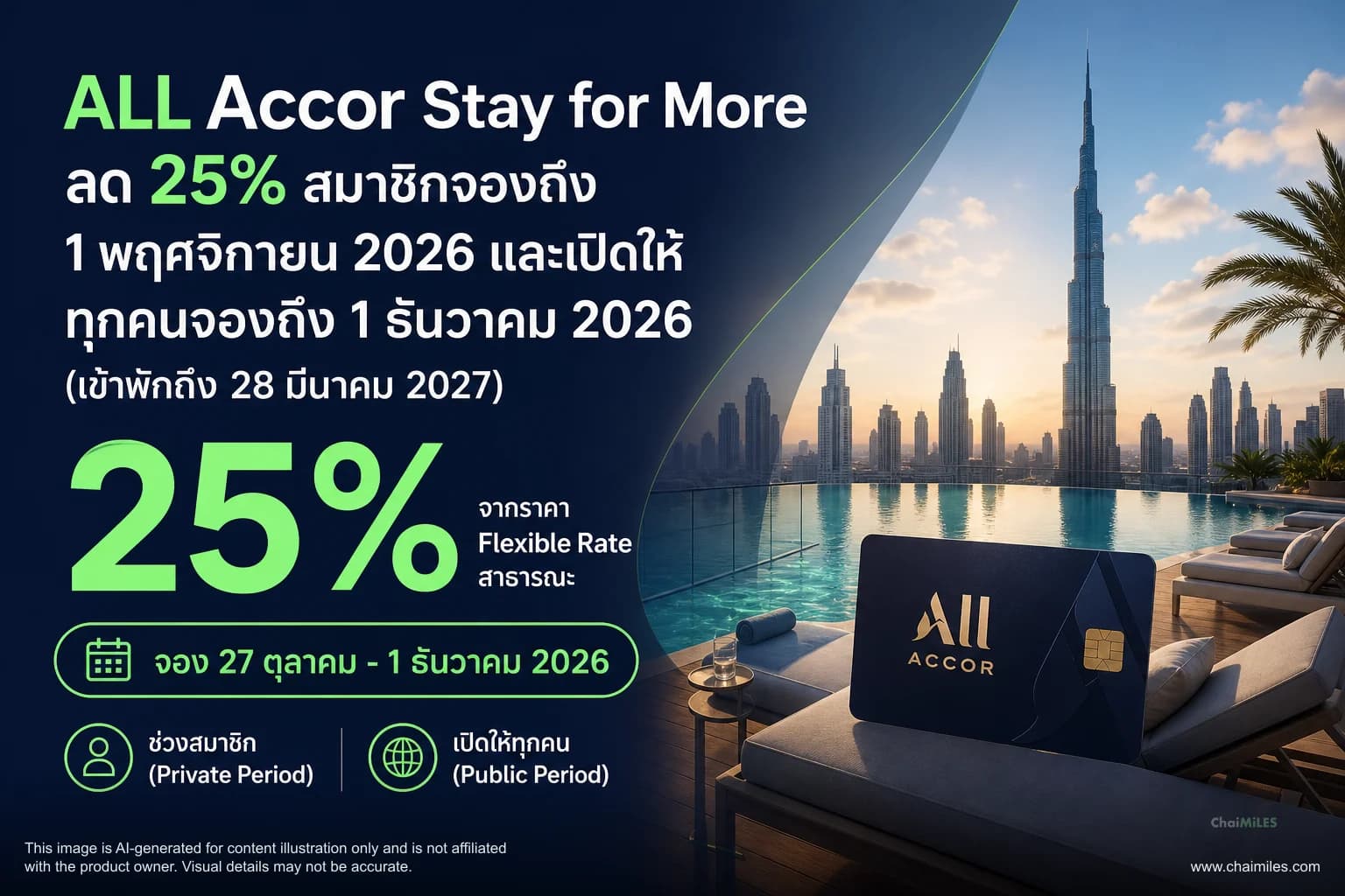 ALL Accor Stay for More ลด 25% สมาชิกจองถึง 1 พฤศจิกายน 2026 และเปิดให้ทุกคนจองถึง 1 ธันวาคม 2026 (เข้าพักถึง 28 มีนาคม 2027)