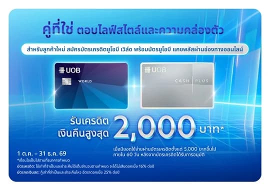 สมัครออนไลน์พร้อมบัตรกดเงินสด รับเครดิตเงินคืนสูงสุด 2,000 บาท