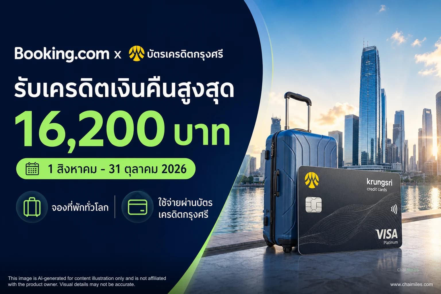 Booking.com x บัตรเครดิตกรุงศรี รับเครดิตเงินคืนสูงสุด 16,200 บาท 1 สิงหาคม - 31 ตุลาคม 2026