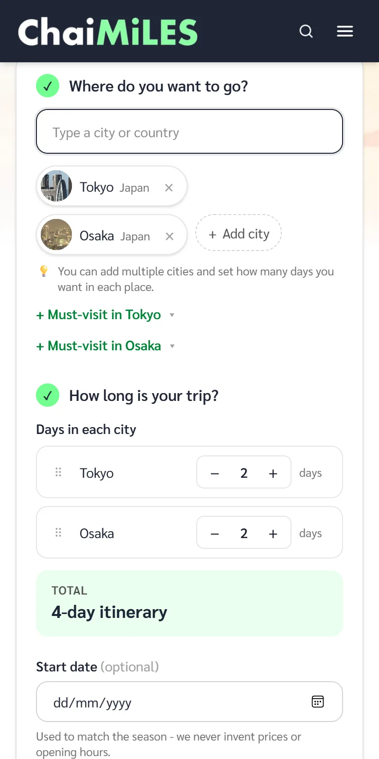 The planner's first step: cities, must-visit places and days per city